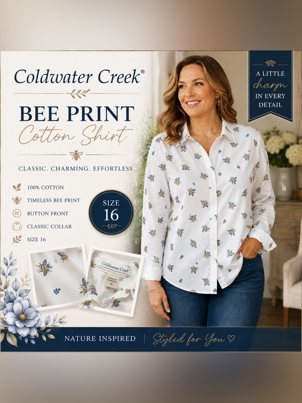 Coldwater Creek Save the Bees Button Front Cotton Shirt 16 White Blouse Top